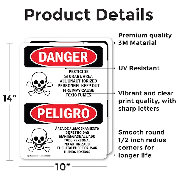 Pesticide Storage Area Bilingual Danger Sign, Vinyl Decal, 10in W X 14in L, 2PK